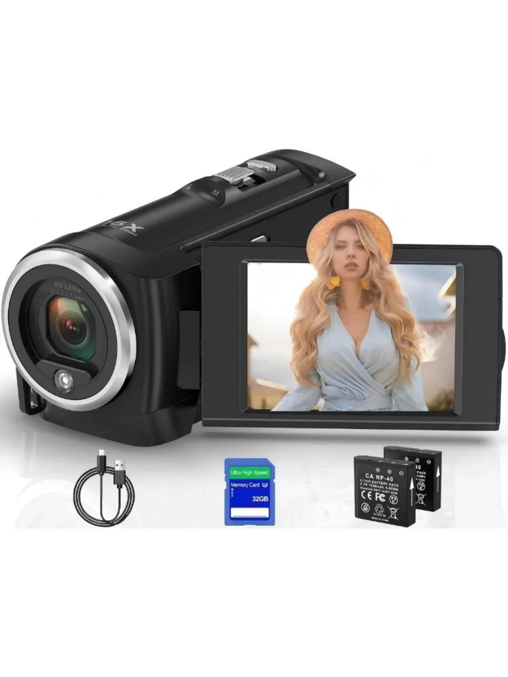 QHD 2.7K Camcorder with 16X Zoom, LED Light, 32GB SD Card & 2 Batteries